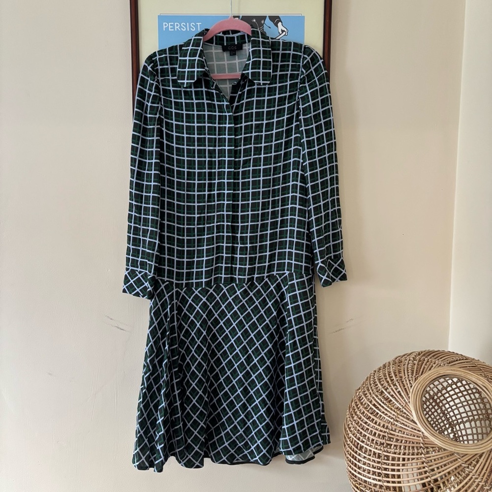 COS Green Plaid Button Down Long Sleeve Midi Dress 34